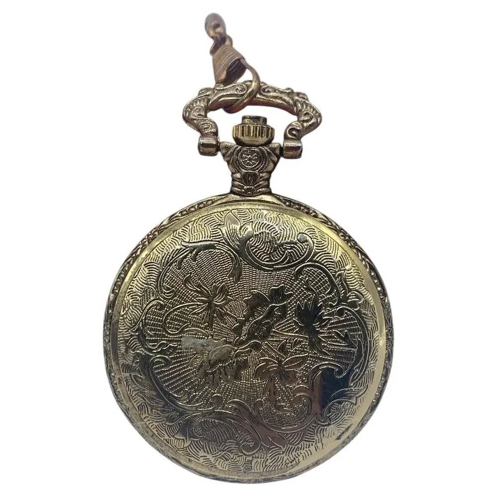 Vintage Medal Gold Tone Quartz Pocket Watch Hunting Scene New Battery